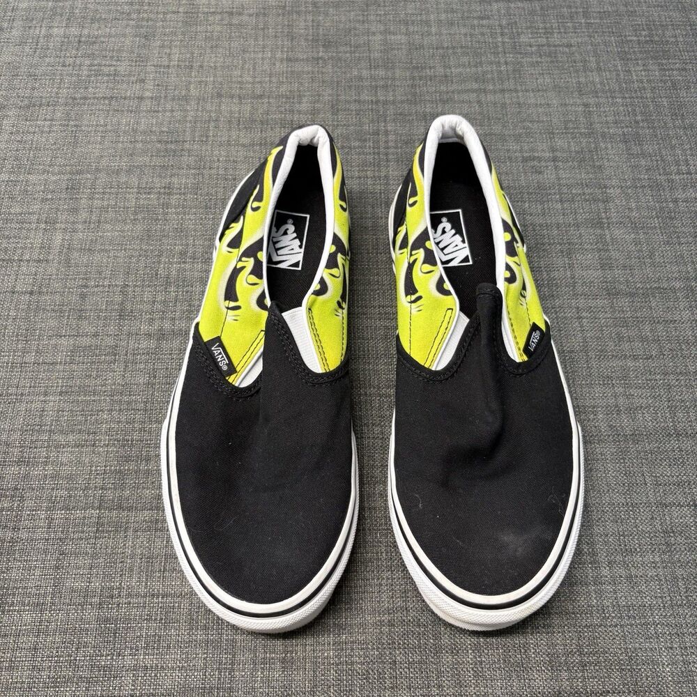Vans Juniors Classic Slip-On Black Slime Flame Canvas Skate Shoes Size 6.5 US